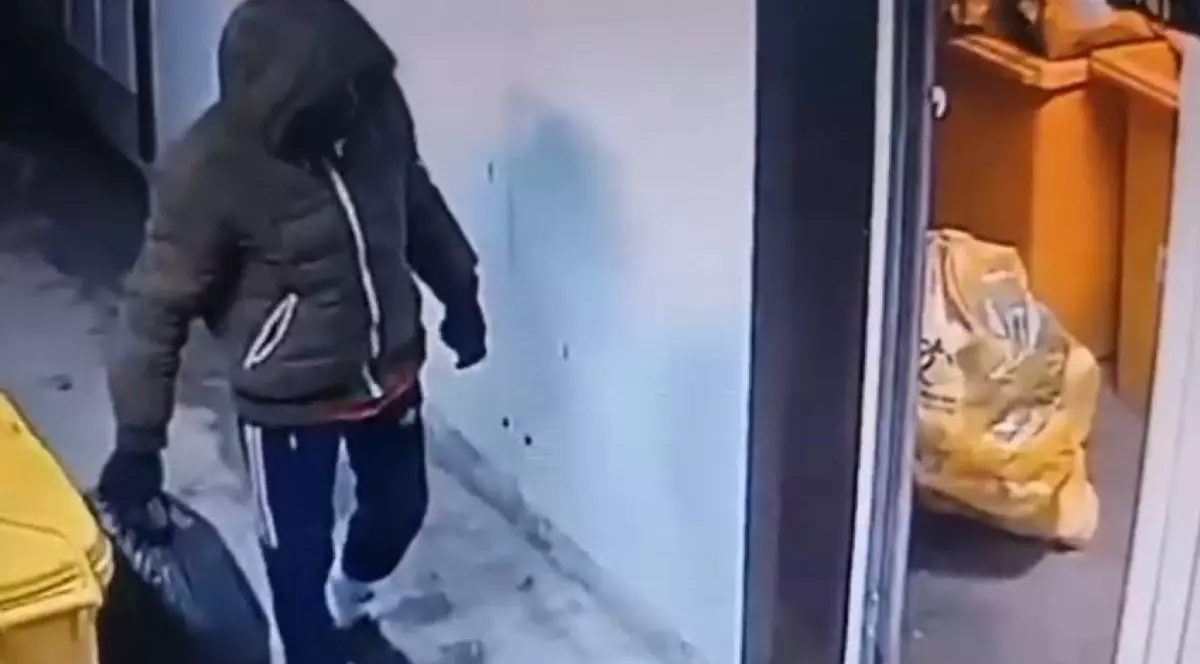 barbat cu geaca si gluga pe cap cu un sac nergu in mana, langa un tomberon galben in timp ce fura saci cu picioare amputate de la spitalul cantacuzino din bucuresti