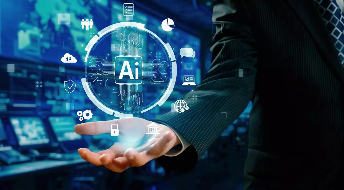 imagine sugestiva mana unui om, holograma cerc cu inteligenta artificiala