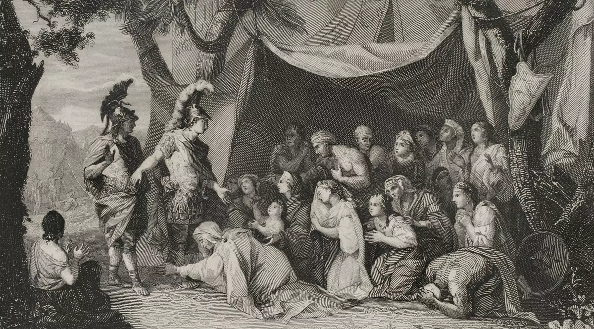 Alexandru cel Mare vizitează familia regală persană după înfrângerea lui Darius al III-lea în bătălia de la Issus. Secolul al IV-lea î.Hr. Gravură. - Foto Profimedia