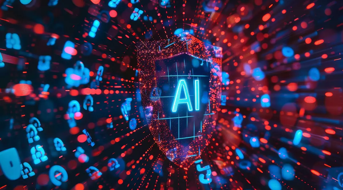 O ilustrație 3D dinamică cu cuvântul „AI” înconjurat de un vârtej de cod binar care simbolizează amenințările cibernetice. În centru, un scut puternic stă ferm, reprezentând securitate cibernetică robustă și protecție.