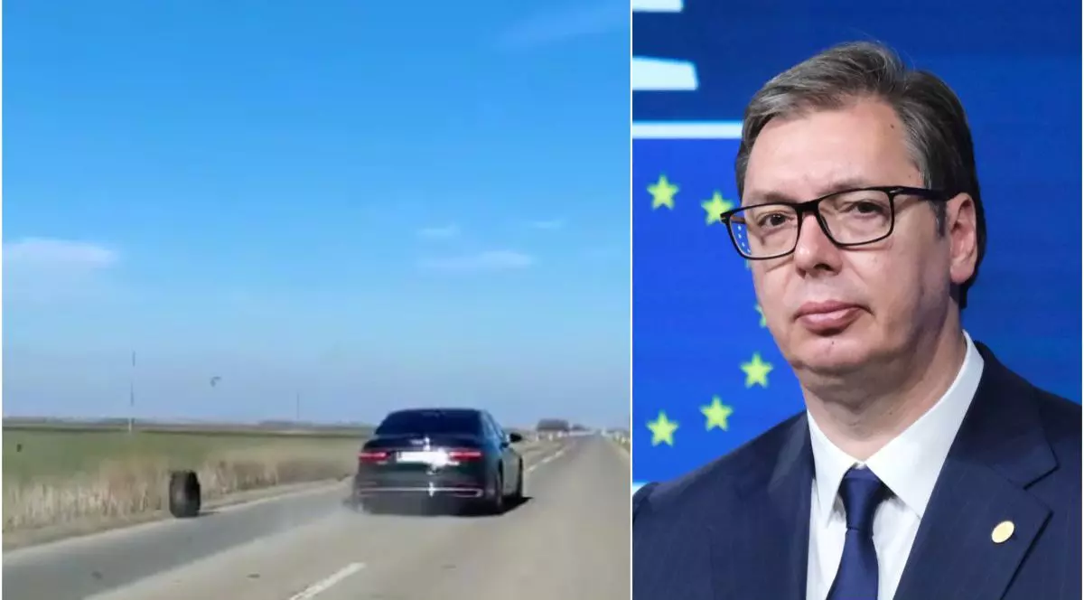 Momentul în care o roată se desprinde, în mers, din mașina președintelui Serbiei, Aleksandar Vucic