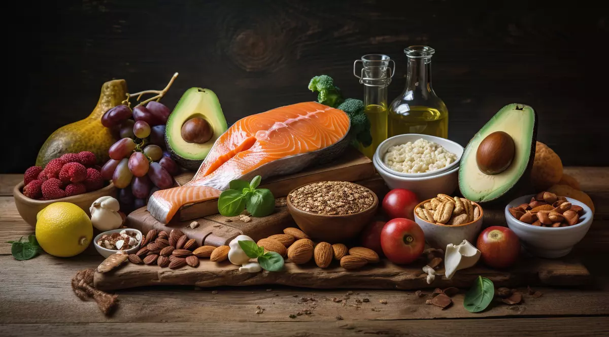 Poză cu alimente bogate în acizi grași Omega-3, precum avocado, somon și nuci