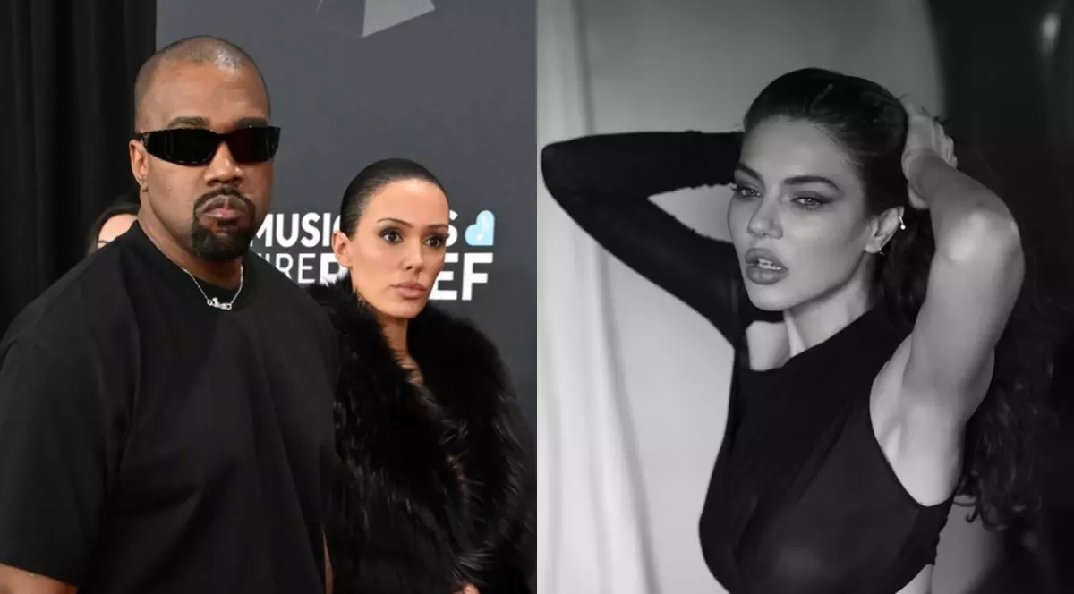 Kanye West în stânga, Bianca Censori și Cristina Ich în dreapta