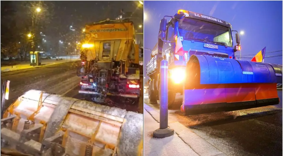 Utilaje de deszăpezire pe străzi care îndepărtează zăpada, Romprest și Supercom, în sectoarele 1 și 2 din București