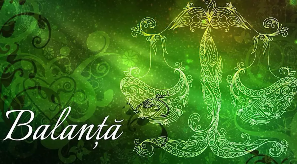 Imagine creativă cu zodia Balanță, de culoare verde și cuvântul Balanță scris pe fotografie în partea din stânga jos