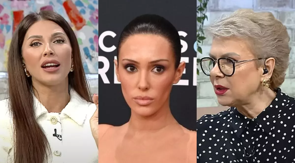 Ilinca Vandici în stânga, Bianca Censori și Teo Trandafir în dreapta