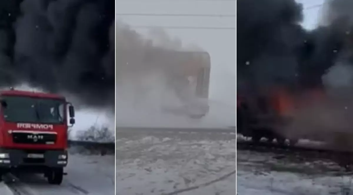 Colaj foto cu trei fotografii făcute în timpul intervenției la incendiul trenului din județul Olt