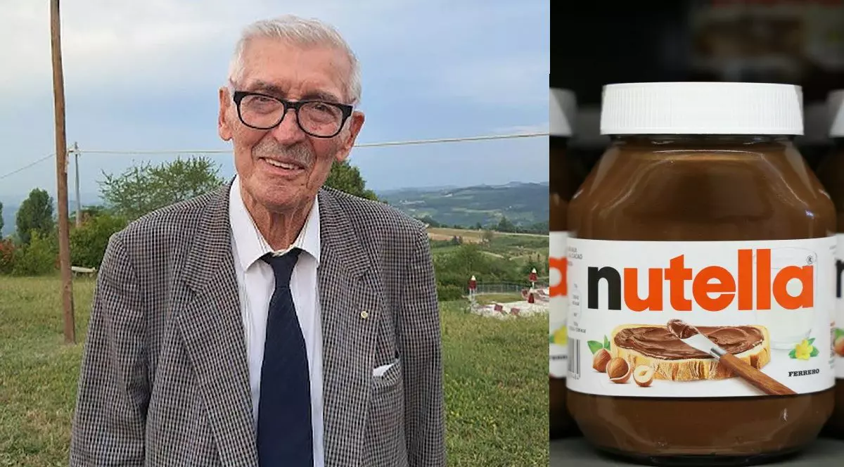 În stânga, Francesco Rivella, îmbrăcat în costum, în dreapta, un borcan de Nutella
