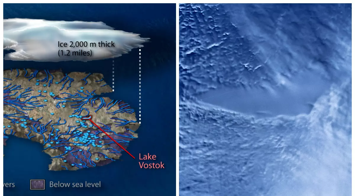 Locul unde se află lacul Vostok și o ilustrație din satelit