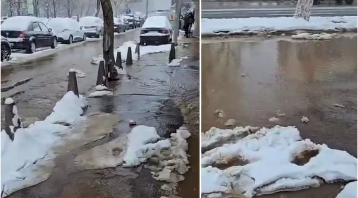 Stradă din București, inundată după ce tot orașul a fost acoperit de un strat gros de zăpadă