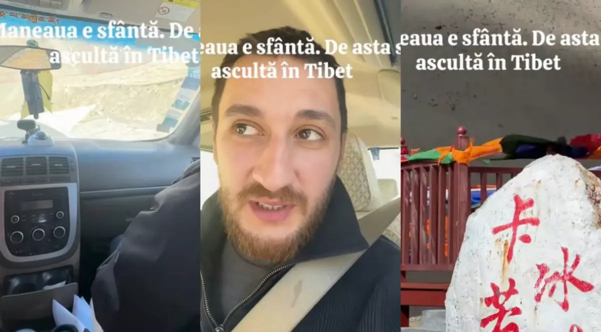 Capturi TikTok, interiorul unei mașini, în stânga, vlogger român, la mijloc, peisaj din Tibet, in dreapta