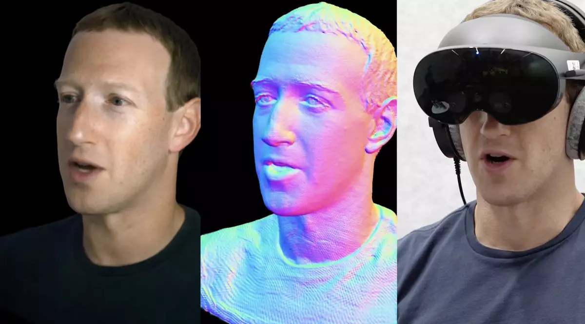 Trei imagini distincte cu Mark Zuckerberg, de la dreapta la stânga, în variantele sale de avatar digital, ultima imagine fiind cu el purtând o pereche de căști Oculus pentru Realitate Virtuală.