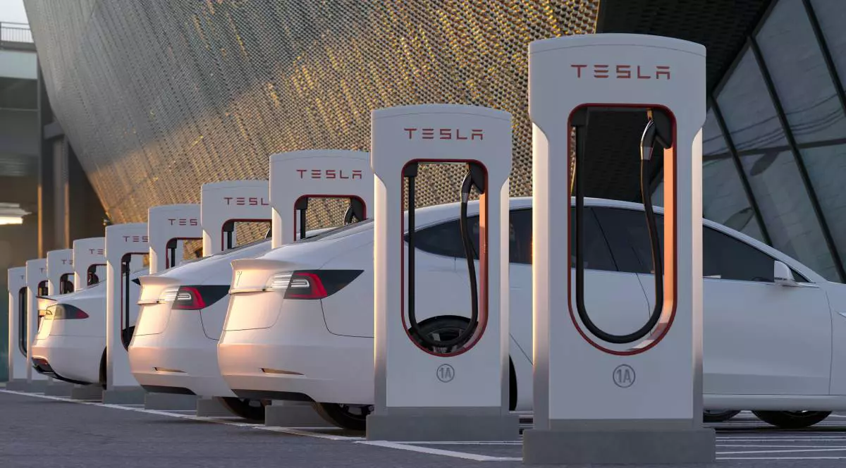 masini albe tesla aliniate in dreptul incarcatoarelor auto