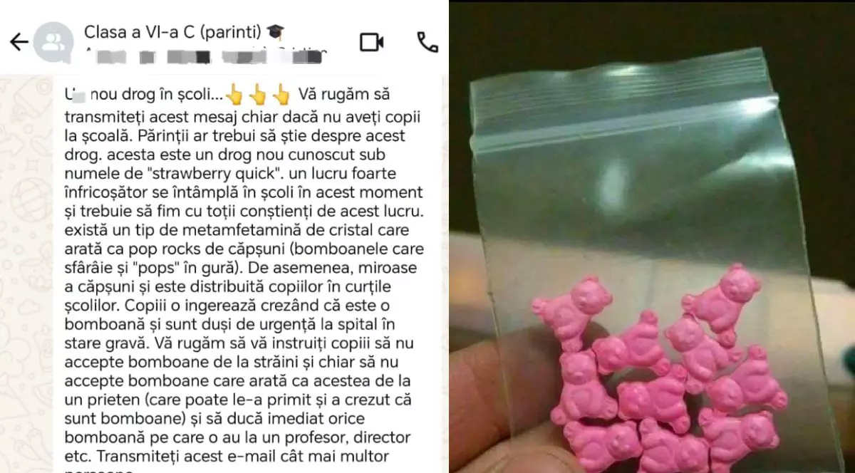 In stanga, mesajul distribuit pe whatsapp, in dreapta droguri roz, sub forma de ursuleti