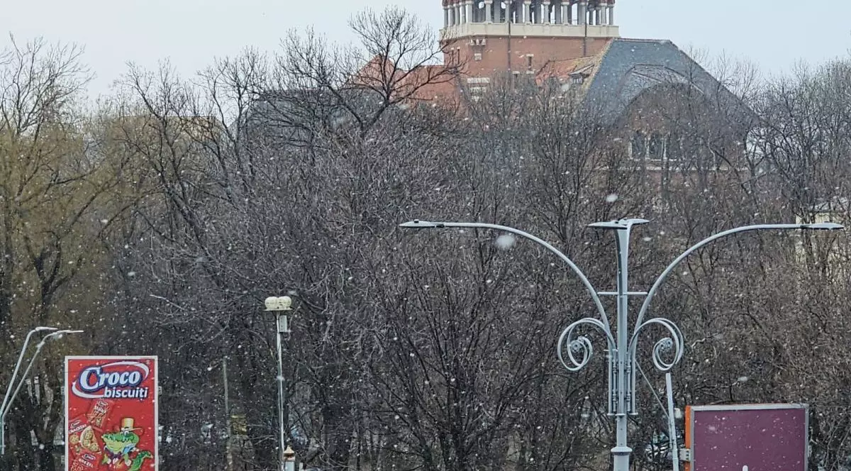 Ninge în București, mai mulți fulgi de zăpadă se văd pe geam și un cer noros