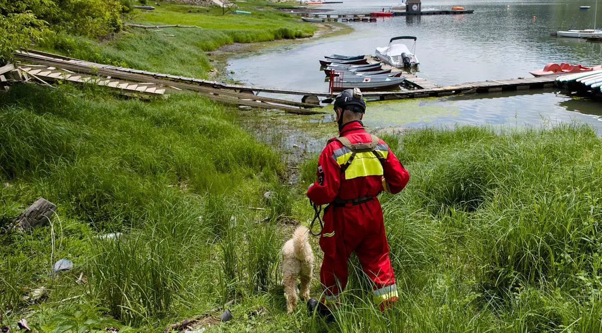 Un pompier împreună cu un câine dresat special caută o persoană dispărută lângă un lac