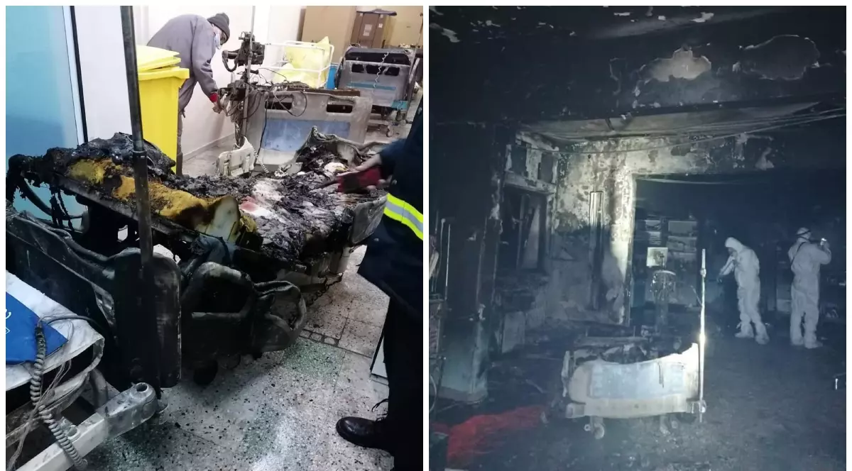 Paturi dintr-un salon ATI arse, pereții sunt înegriți după incendiu