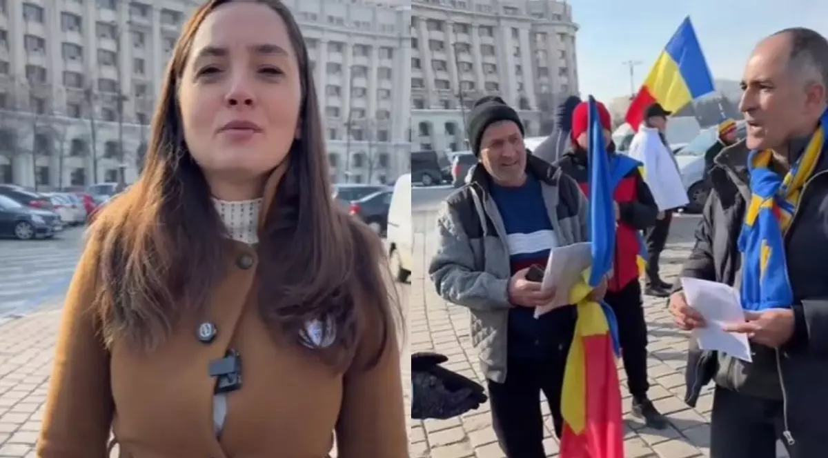 Liderul POT, Ana maria Gavrila da un mesaj oamenilor in piață iar alături de ea sunt bărbați cu steaguri în mână