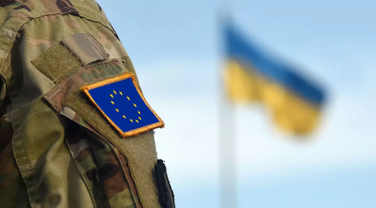 Soldat UE, steagul Ucrainei