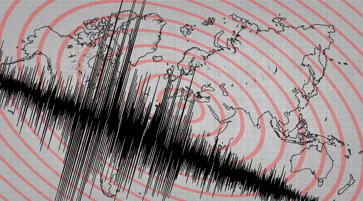 unde roșii de seismograf, așezate peste o hartă politică a lumii