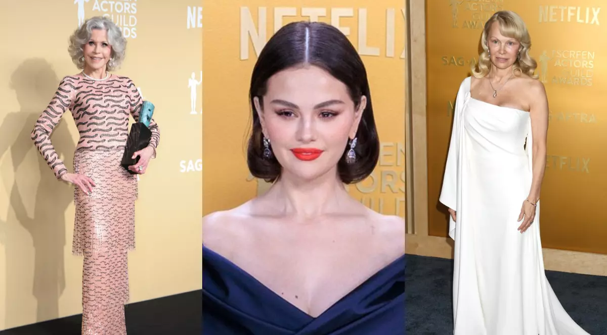 Jane Fonda în stânga, Selena Gomez în centru și Pamela Anderson în dreapta