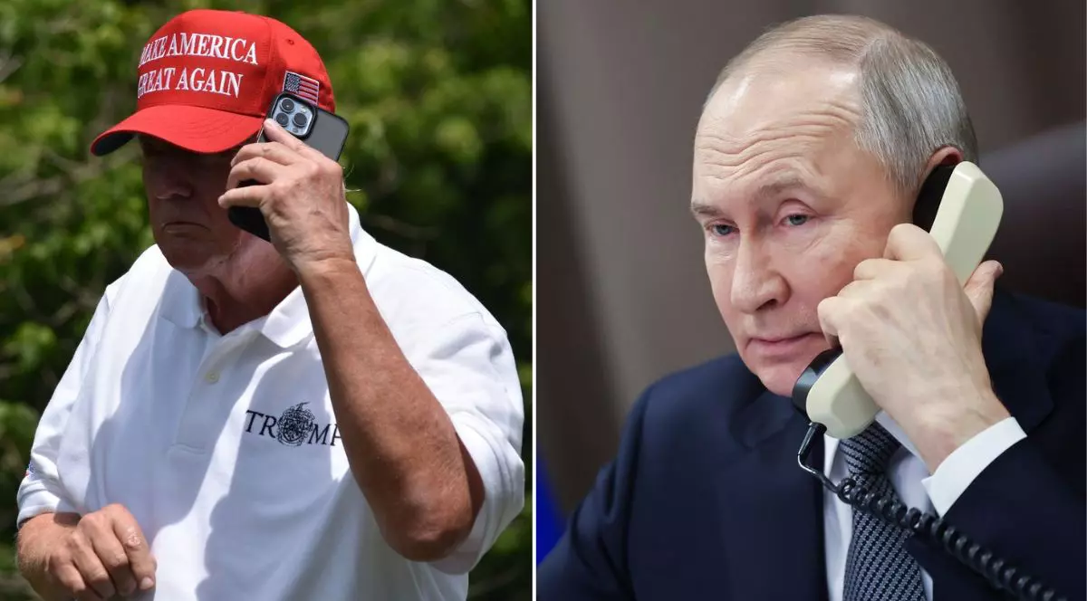 colaj imagini Donald Trump, cu o șapcă roșie MAGA și un tricou alb, vorbind la telefon (stânga) și Vladimir Putin, îmbrăcat la costum, vorbind la un telefon fix alb (dreapta)