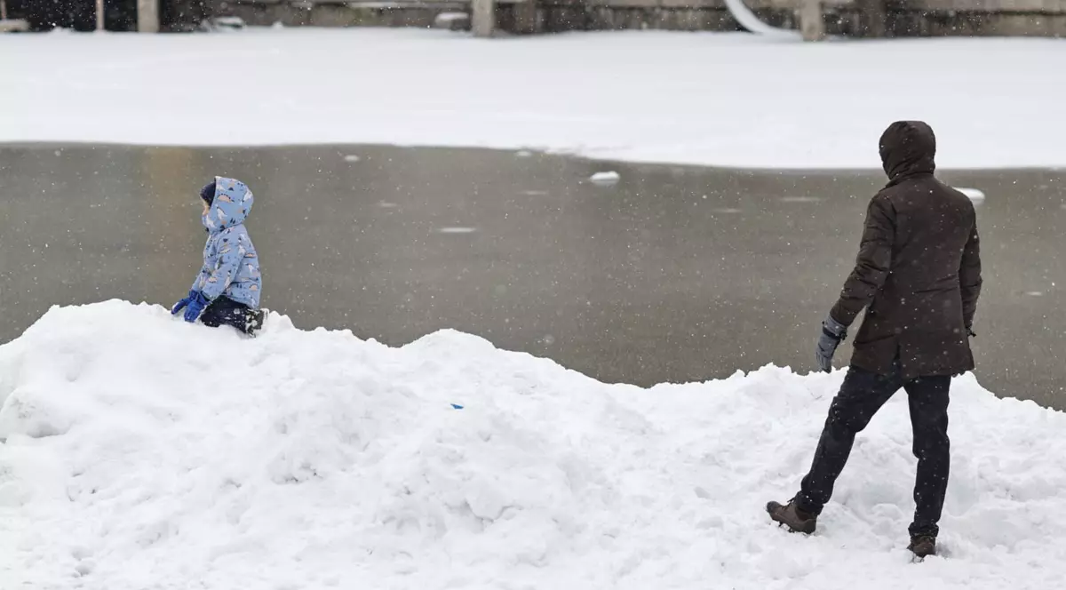 Copil surprins în timp ce se joacă cu zăpada, în București, în timp ce este privit de părintele său.