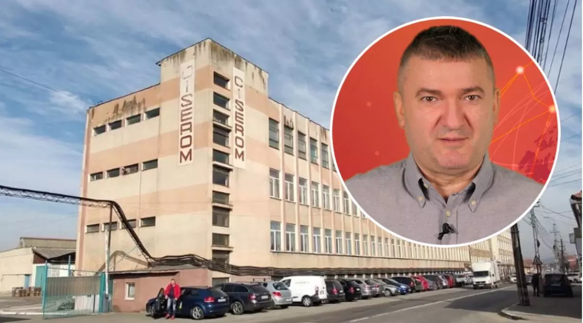Imagine creativă cu sediul fabricii Cesarom din Sebeș și Dorin Chioțea, prezentatorul emisiunii 5 știri by Libertatea - Actualitate.