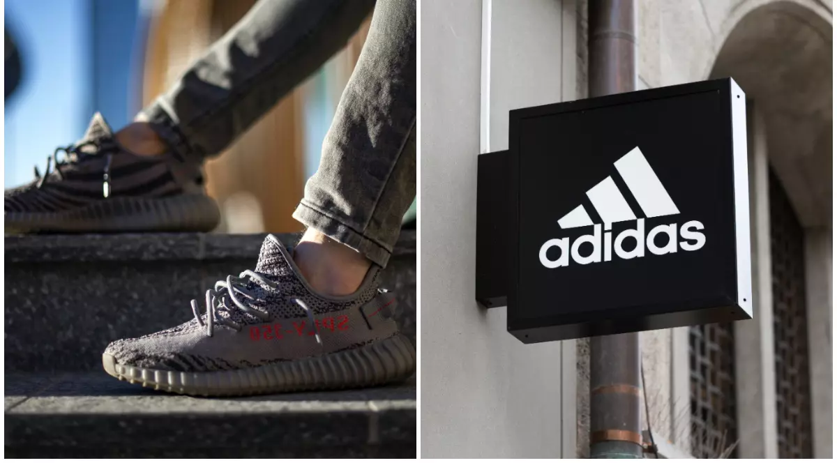 O pereche de pantofi sport Yeezy și sigla Adidas