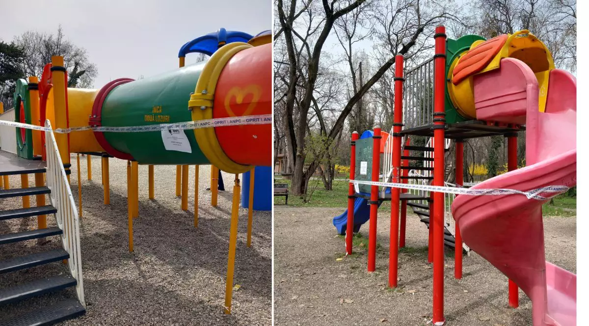 bandă ANPC plasată pe tobogane în Parcul Herăstrău