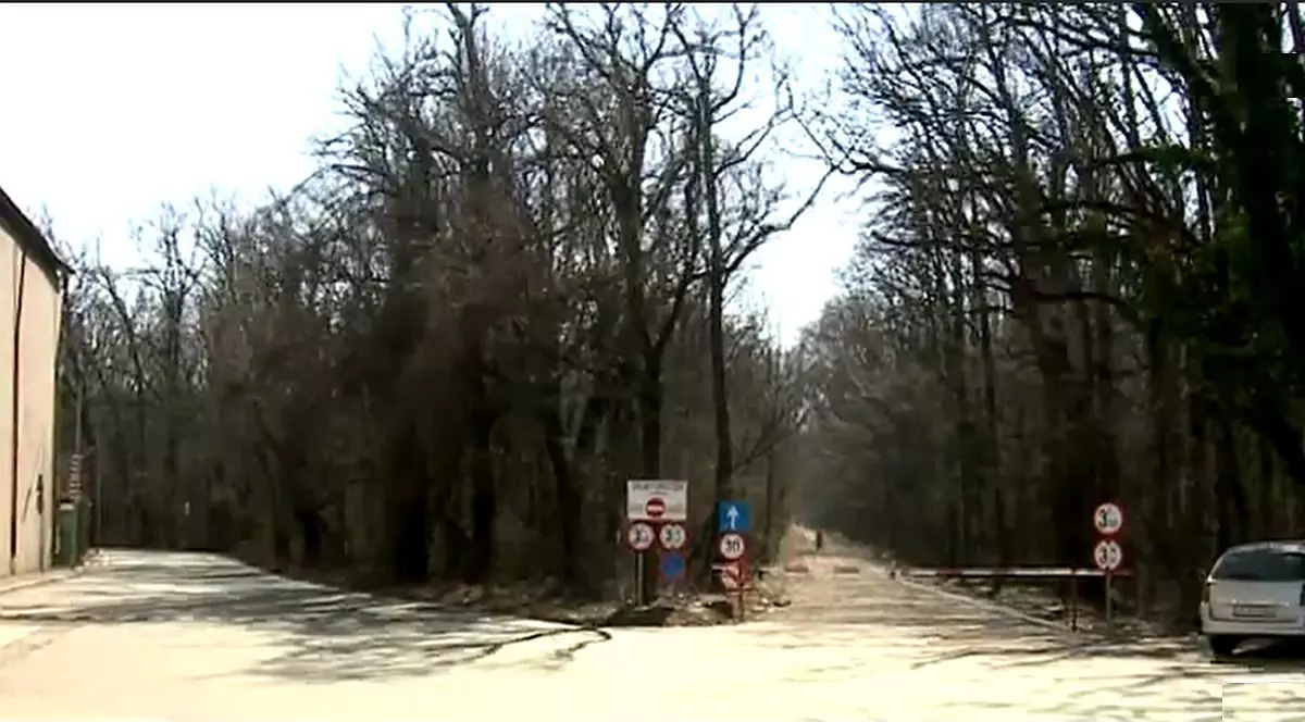 O răspântie de două drumuri la pădure, la cel din dreapta se vede o barieră pusă pe unde nu pot trece mașinile, iar un autoturism este parcat acolo