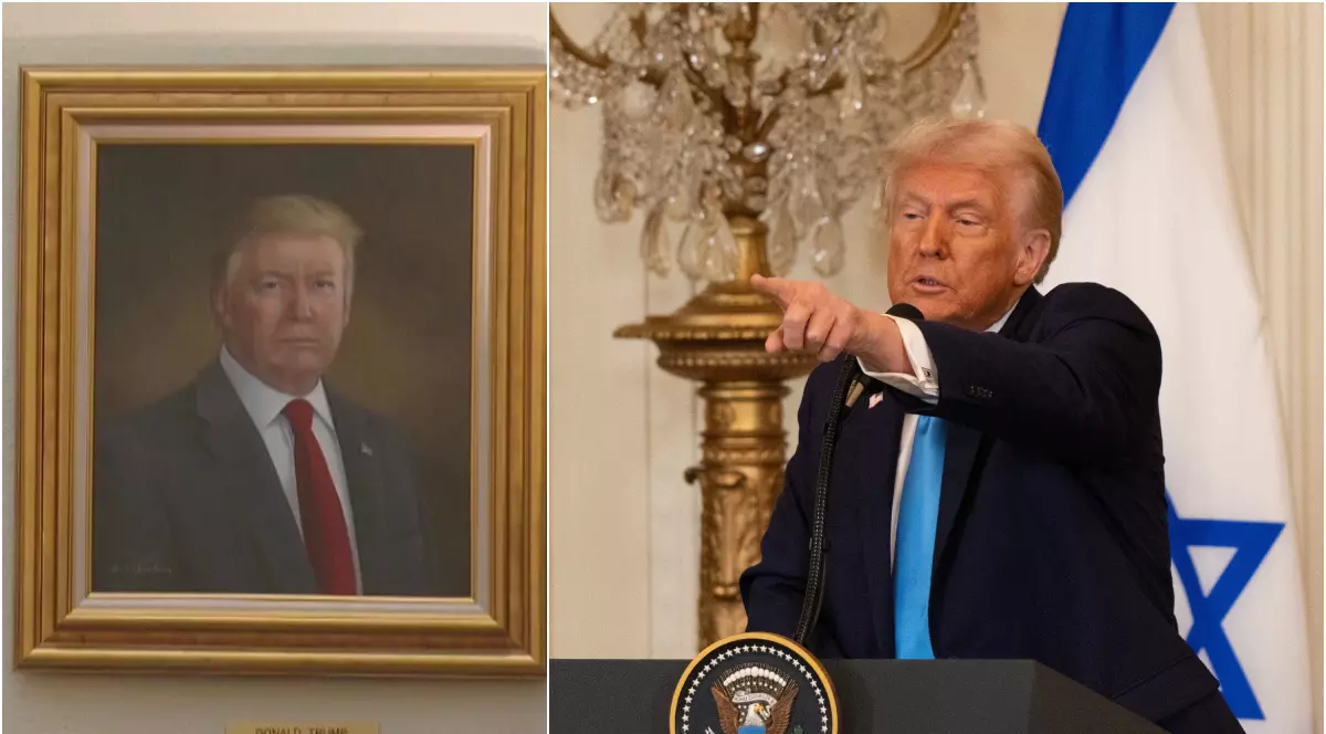 In poza din stanga este un tablou cu rama aurie, in care este o pictura cu Donald Trump. In dreapta, Donald Trump, imbracat intr-un costum negru si o cravata albastra, arata cu degetul.