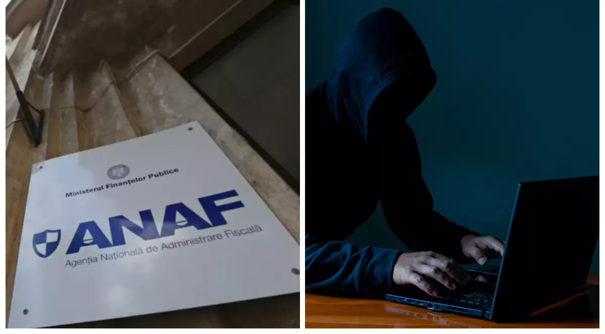 În partea stângă este ilustrat un panou alb pe care scrie ANAF, iar în partea dreaptă este un bărbat cu hanorac pe cap, care tastează pe un laptop