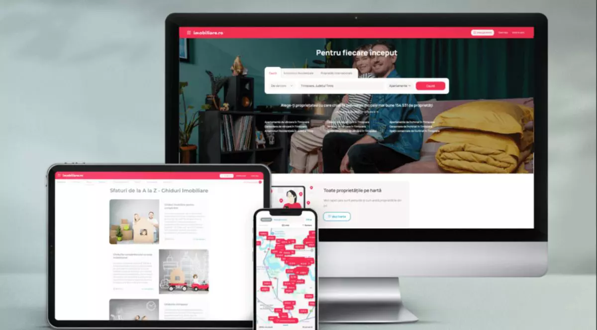 Logo-ul site-ului Imobiliare.ro, pe fundal alb, alături de două telefoane mobile deschise pe aplicația mobilă Imobiliare.ro și pe site-ul de anunțuri