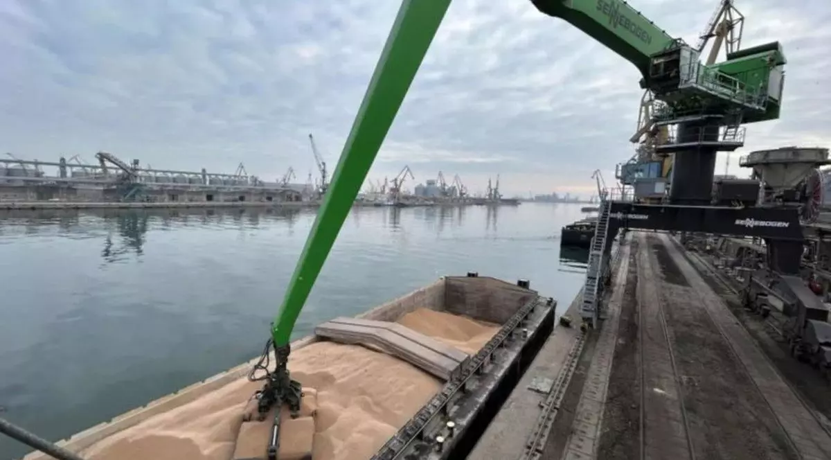 Brațul verde al celei mai mari macarale hidraulice din România, instalată în portul Constanța