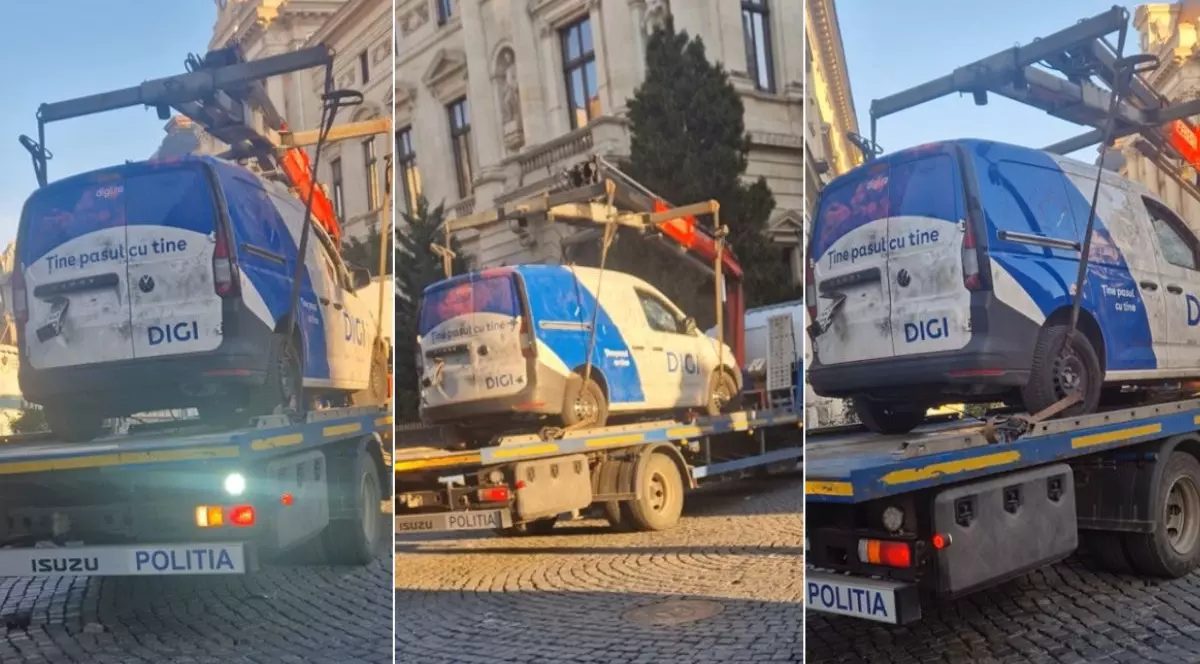 Colaj foto cu trei cadre în care apare mașina Digi, distrusă la protestul din București, pe platforma unei mașini ce aparține Poliției Române