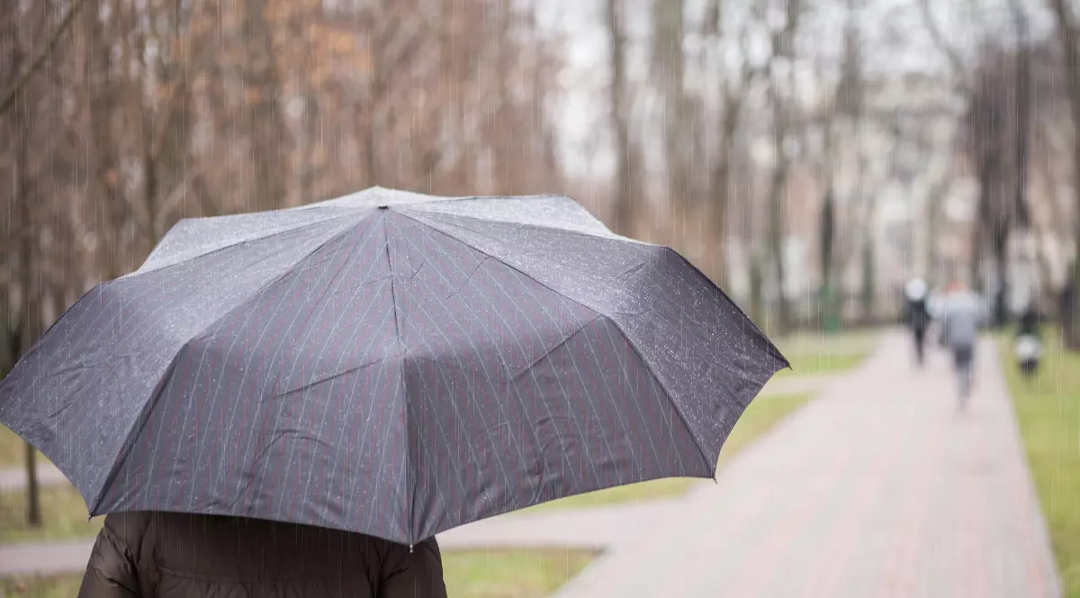 Un om îmbrăcat cu geacă, într-un parc și ține o umbrelă deasupra capului