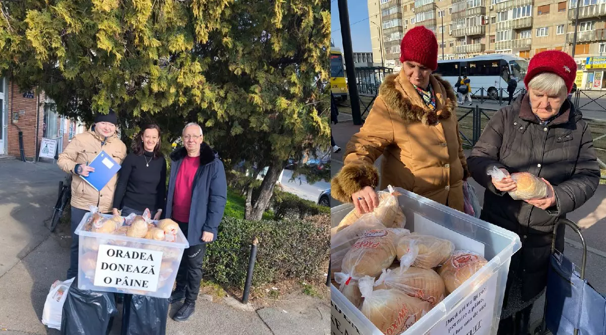 În stânga voluntari echipa Donează o pâine, în dreapta două doamne în vârstă care iau o pâine