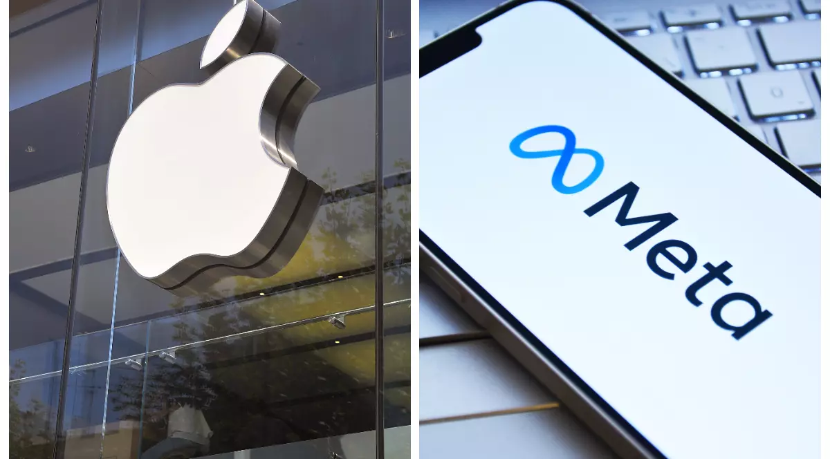 În imagine sunt ilustrate siglele Apple și Meta
