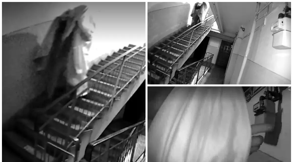 În imagine este ilustrat un bărbat care este acoperit cu un cearșaf și coboară pe scări