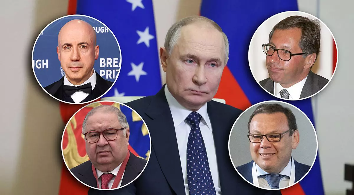 Colaj Vladimir Putin in centru, Yuri Milner, Alisher Usmanov, Mikhail Fridman si Petr Aven. pe fundal se vede steagul sua si cel al rusiei