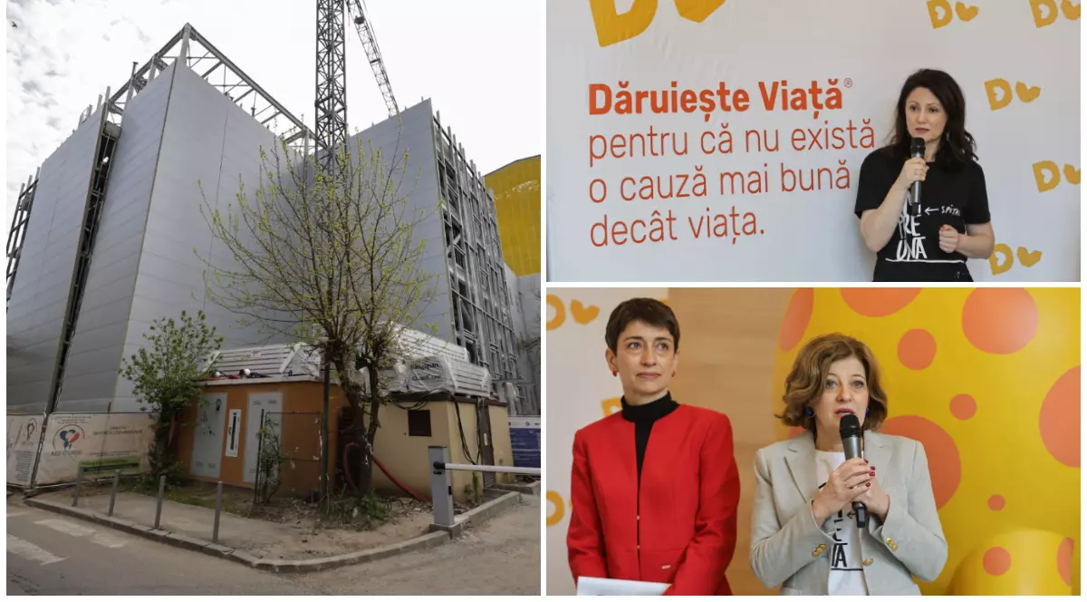 În imaginea din dreapta sus este Carmen Uscatu, în tricou negru, în timp ce vorbește la microfon. În imaginea din dreapta jos este Oana Gheorghiu, în sacou bej și tricou alb, în timp ce vorbește la microfon. În imaginea din stânga este ilustrat noul spital construit de Dăruiește Viață la Marie Curie.