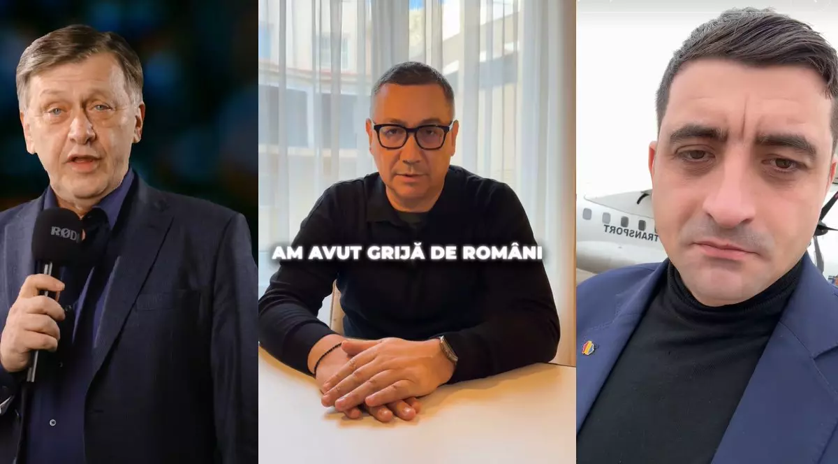 Crin Antonescu, îmbrăcat ăbtr-un costum închis la culoare, cu un microfon în mână, Victor Ponta, îmbrăcat în bluză neagră, așezat la o masă, George Simion îmbrăcat în costum bleumarin, cu bluză neagră