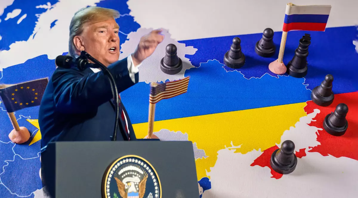 Donald Trump, la un pupitru cu sigla NATO, vorbind și gesticulând. Pe fundal sunt steagurile SUA, Europa și Rusia și niște pioni ca pe o tablă de șah. Imagine cu caracter ilustrativ Foto: Shutterstock