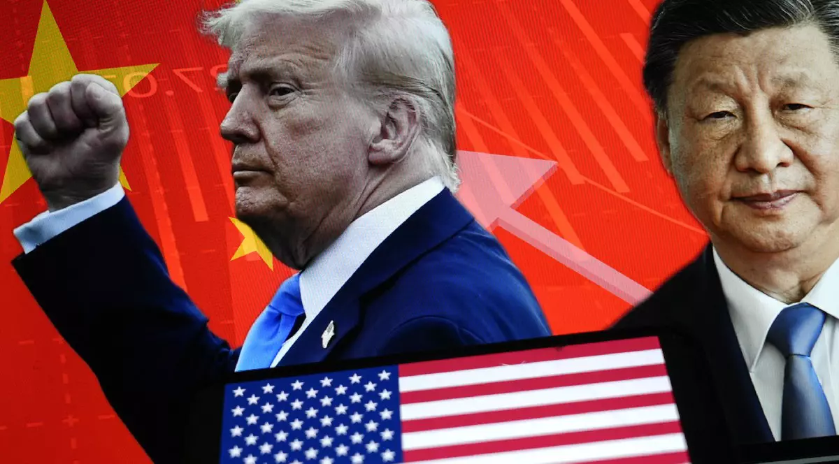 Portretele președintelui american Donald Trump și ale președintelui chinez Xi Jinping sunt afișate pe ecranul unui computer, este vizibil și steagul SUA
