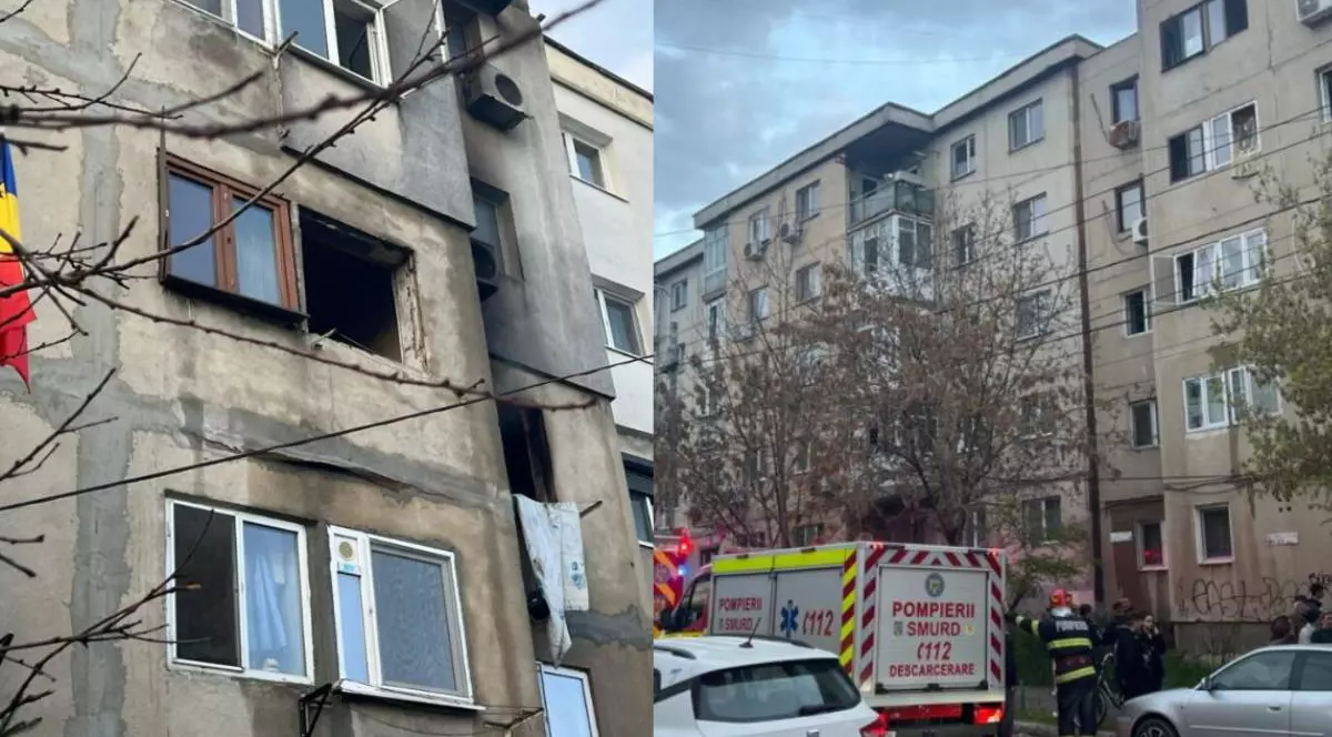 În poza din stânga este un bloc, iar la geamul din mijloc este fum din cauza unei explozii. În poza din dreapta este un alt bloc în fundal și o autospecială de pompieri in fața lui și mai mulți pompieri.