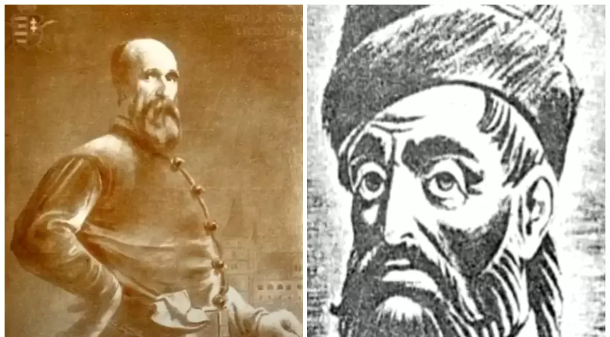 În prima imagine este un bărbat îmbrăcat într-o haină medievală cu nasturi mari. În a doua imagine este un bărbat cu barbă, iar trasăturile feței sunt accentuate, mai ales sprâncenele groase.