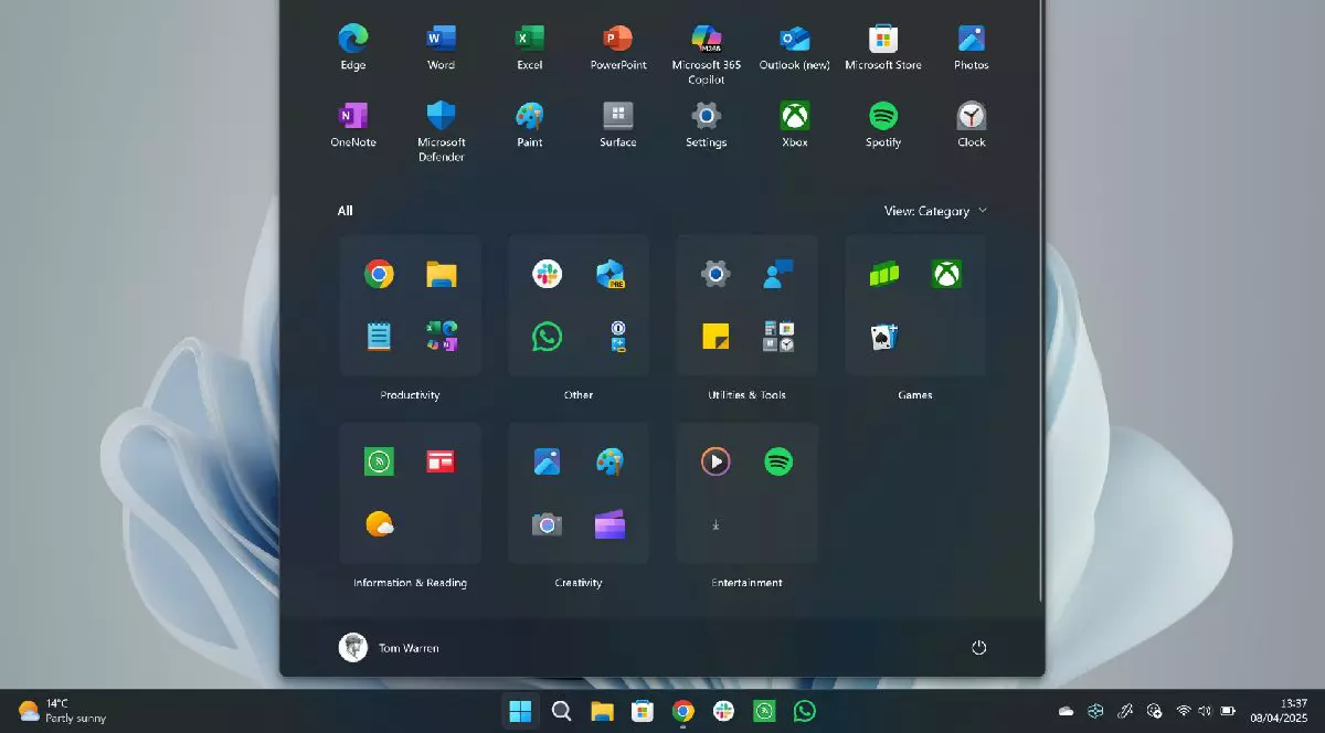 Noul meniu „Start” din versiunile de test ale Windows 11.