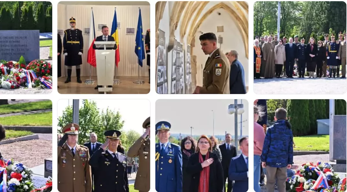 Omagiu pentru soldații români care au căzut pentru eliberarea orașului Brno, din Cehia Captură MApN/ Facebook