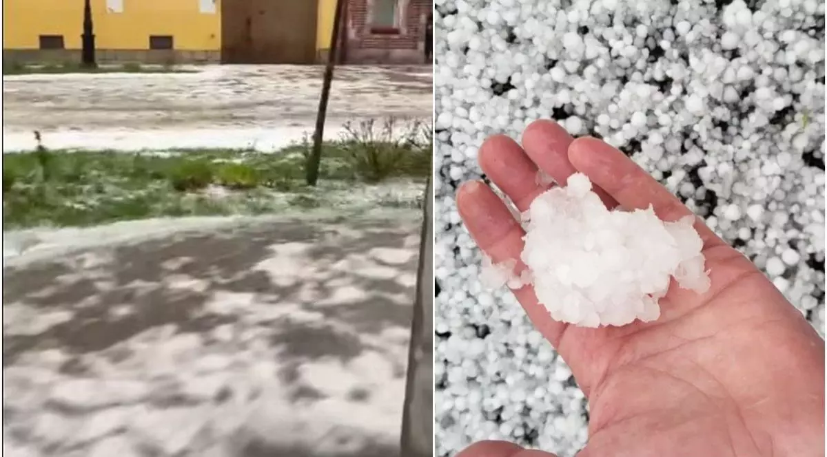 Străzi inundate după ploile cu grindină și mâna unui om care ține un bulgăre de grindină de dimensiunea unui ou, Brașov, Râșnov, 26 aprilie 2025
